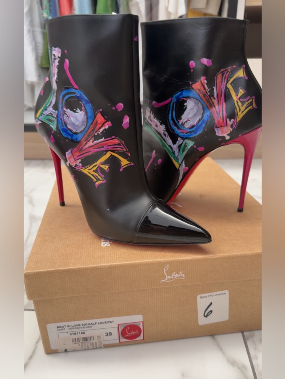 Christian Louboutin Black Leather 'LOVE' Graffiti Ankle Boots with Pink Heels
